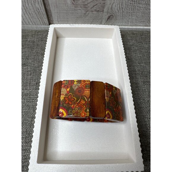 Wooden Colorful Floral Pattern Stretch Bracelet Fashion Boho Women - Picture 4 of 5